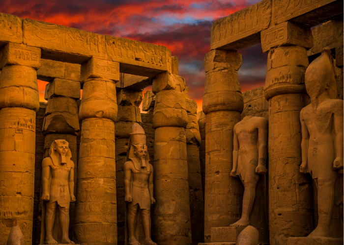a wonderful view of a group of statues inside one of the ancient egyptian temples egypt736955577